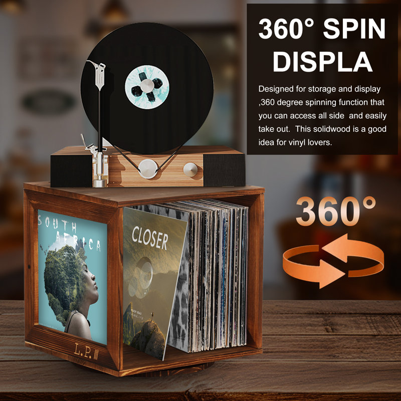 Millwood Pines Claydon 360 Rotating LP Record Storage Cube Solid Wood